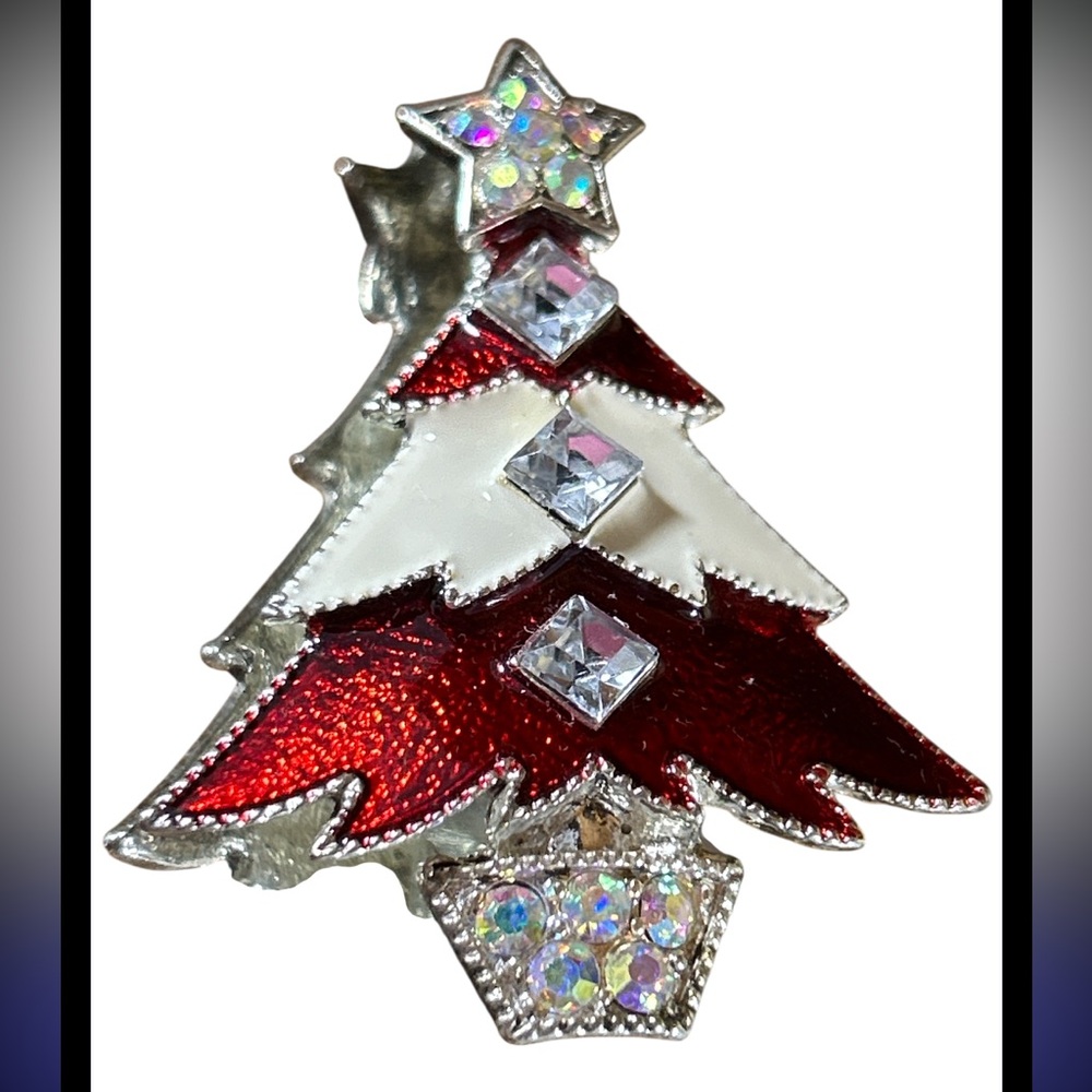 Vintage Silver Tone Christmas Tree Brooch - Radiant Red & Ivory Enamel